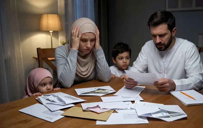 A worried family at a table covered with letters