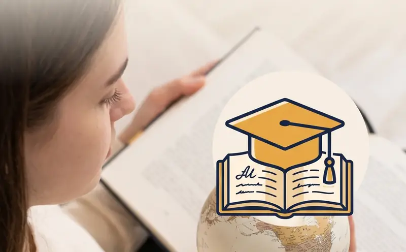 A student reading a book, beside an education symbol