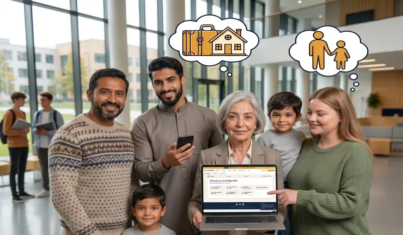 A family of three generations together; an older woman holds a laptop
