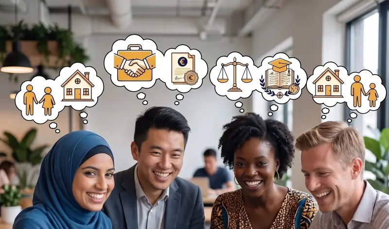 People of different backgrounds at a table, with thought bubbles about family, home, study and law