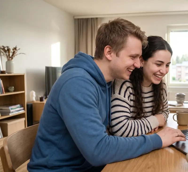 A couple laughing together in front of a laptop at home