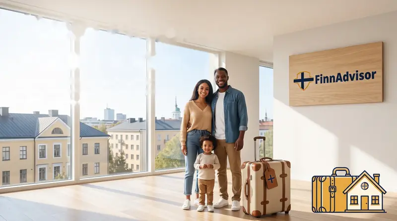 A family with a suitcase in their new, empty home