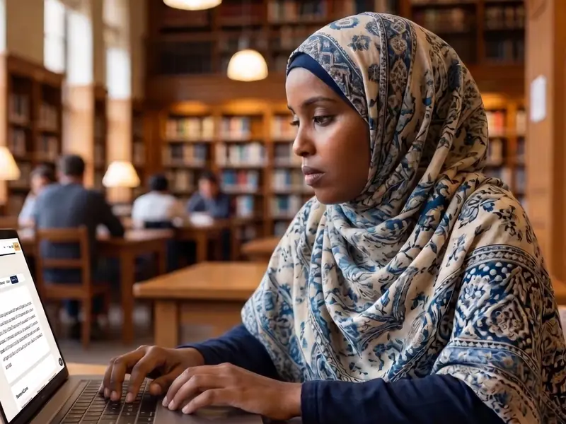 A woman works through her paperwork on a laptop in a library
