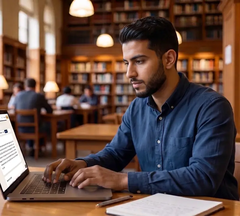 A man reads a document on his laptop in a library