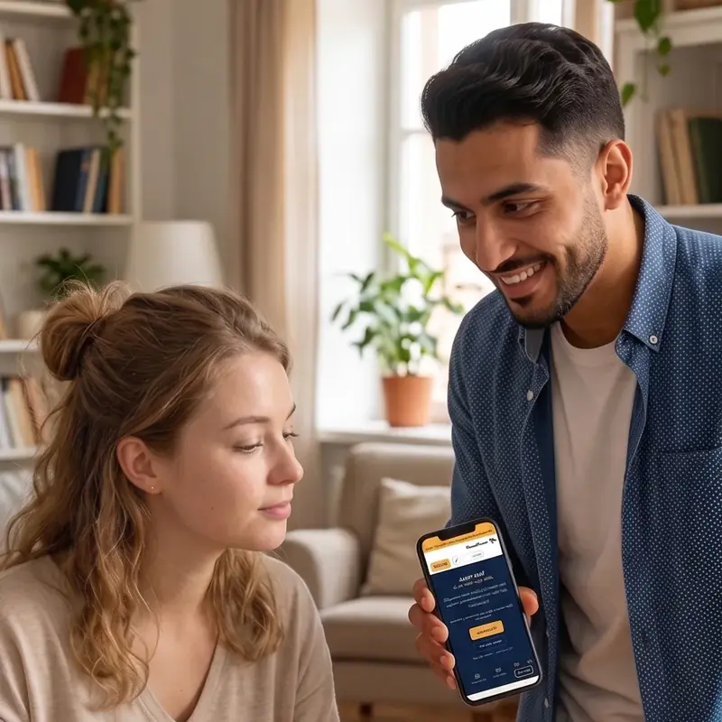 A man shows a woman something on his phone