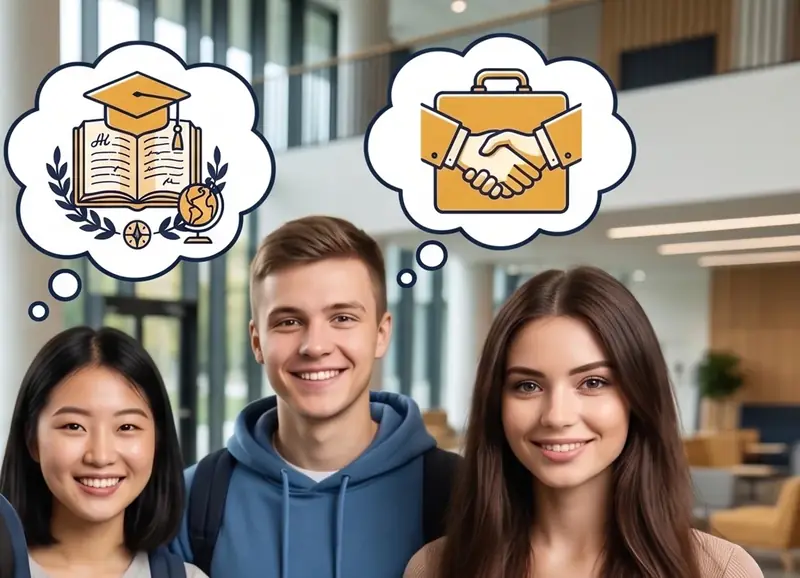Three young people smiling, with thought bubbles about study and work